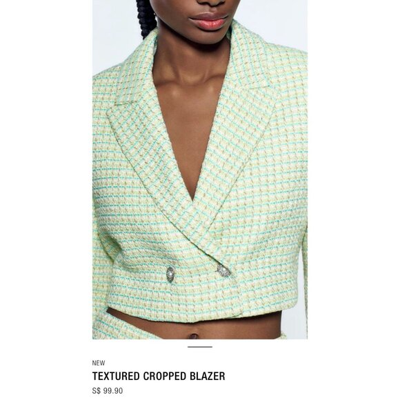 ZARA XS Light Green Tweed Cropped Jacket Notched Collar Summer Weight - Picture 1 of 15